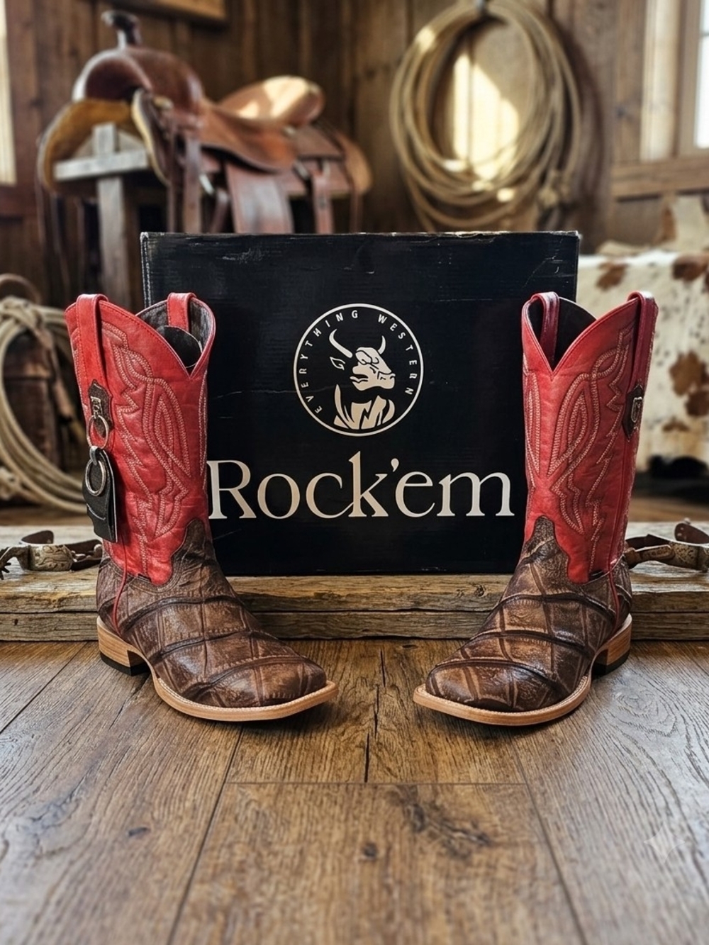 Rock'em Two-Tone Brown & Red Western Cowboy Boots for Men